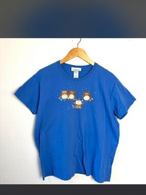 Blue Short Sleeve Tee butterfly Owl Print graphic tshirt top XL whimsy cottage
